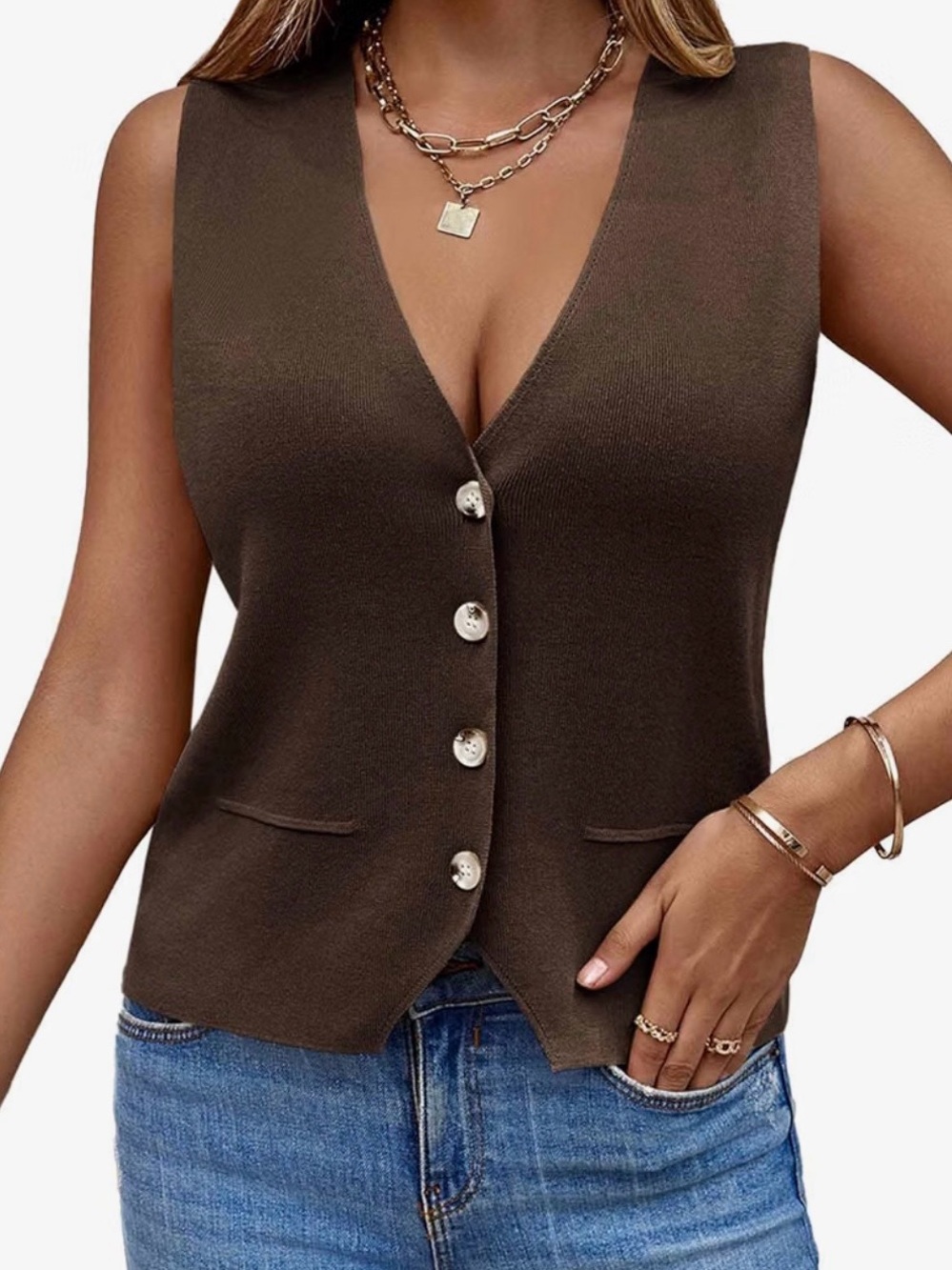 NWT Coffee Brown Button Front Lightweight Sweater Vest